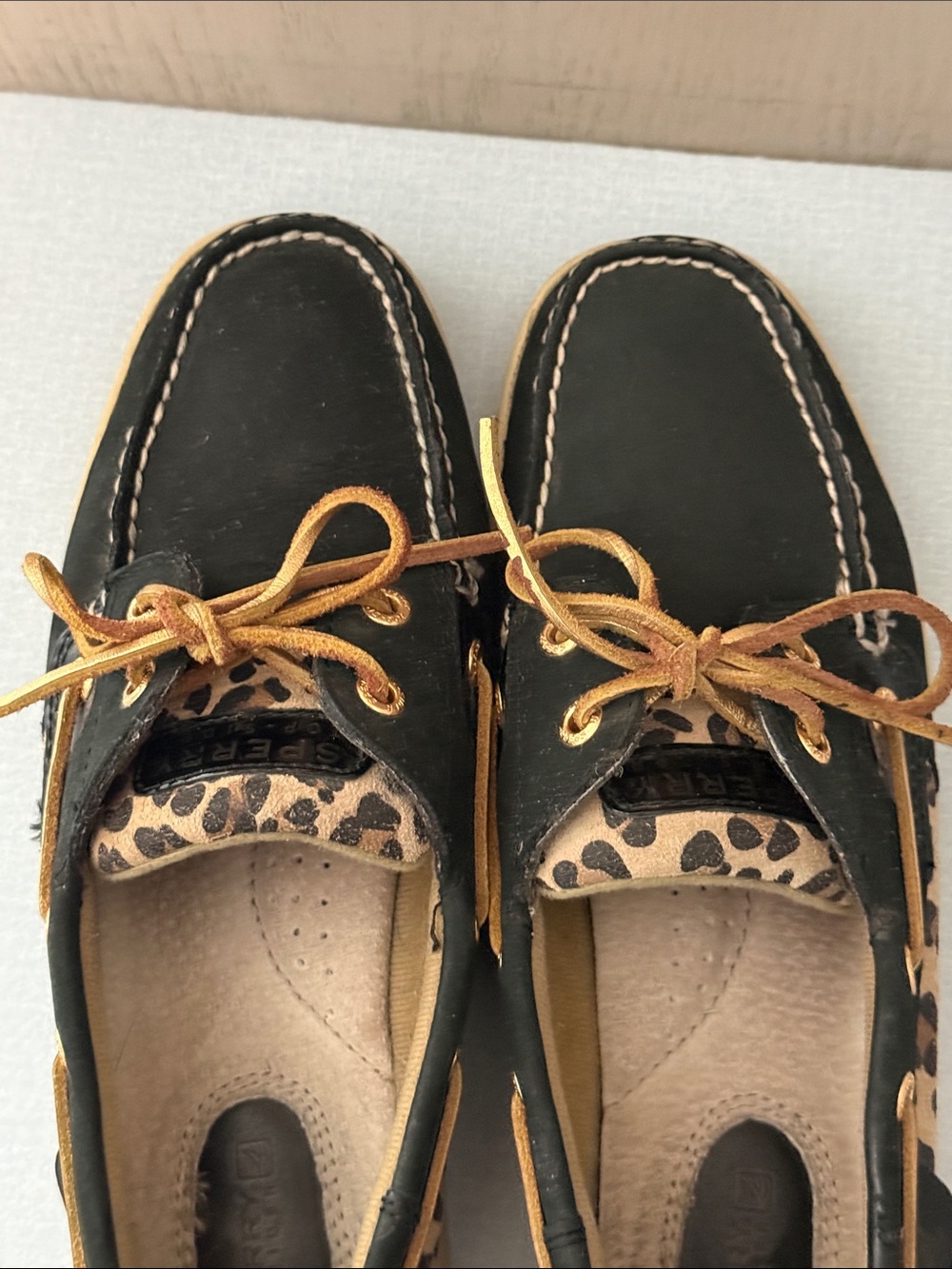 Sperry Black Leather Boat Shoes with Tan Laces